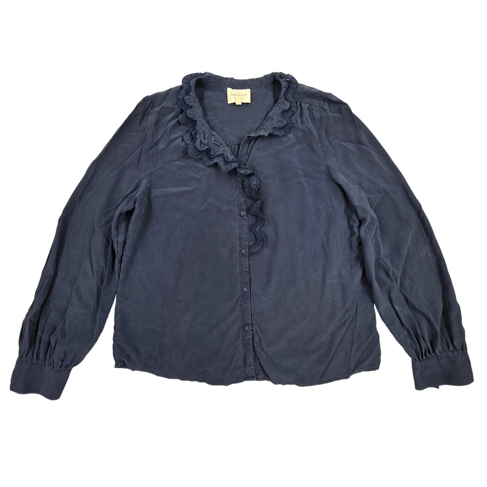 Sezane Navy Blue 100% Silk Ruffle Eyelet Collar Button Up Blouse Size 40 FR 8 US